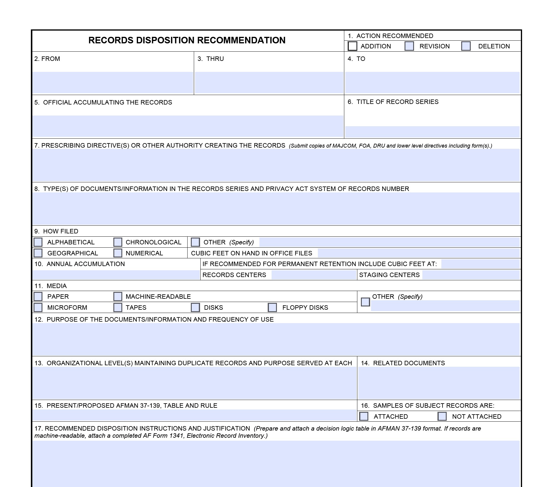 AF Form 525 - Records Disposition Recommendation PDF